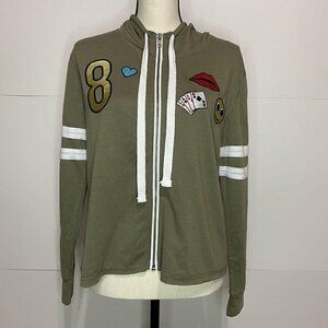 Miss Chievous Sz Medium Full-Zip Hoodie Jacket Taupe Embroidered